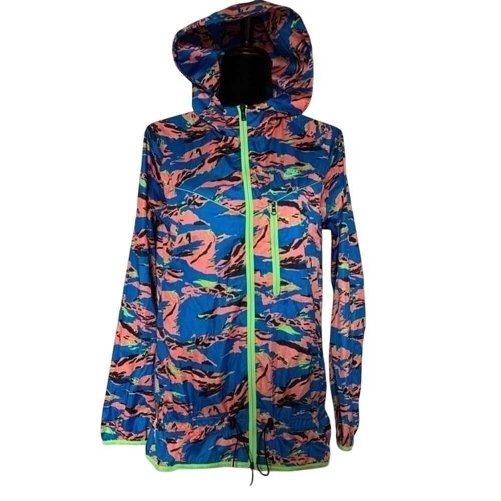 Nike Womens Windrunner Jacket Blue Pink Tiger Camo Hooded Windbreaker Medium